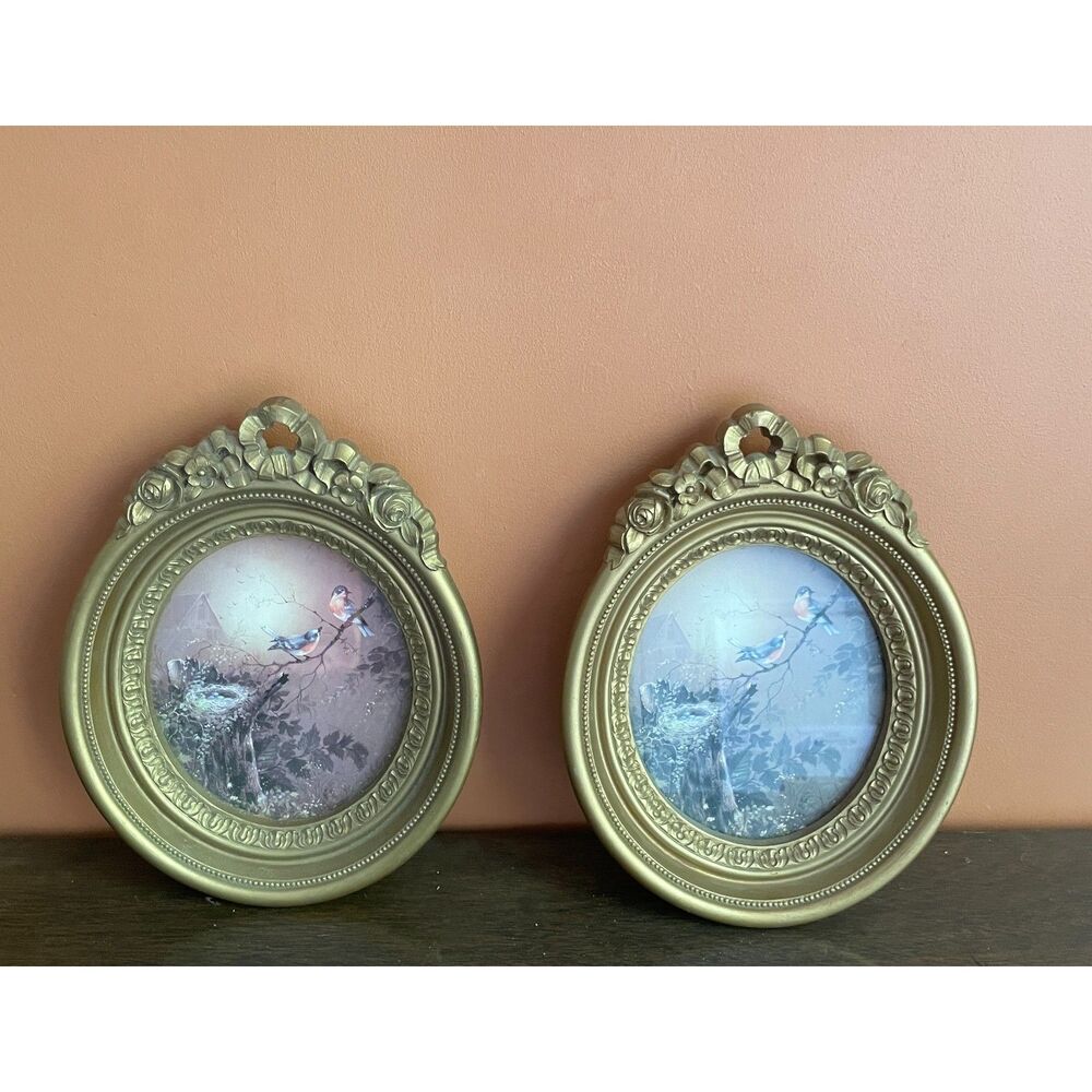 Vintage Gold Oval Bird Wall Art Frames Pair Cottagecore Floral Ornate Decor